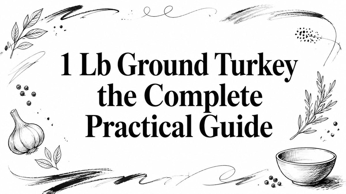 White cookbook cover with 1 Lb Ground Turkey the Complete Practical Guide title garlic spices and herbs