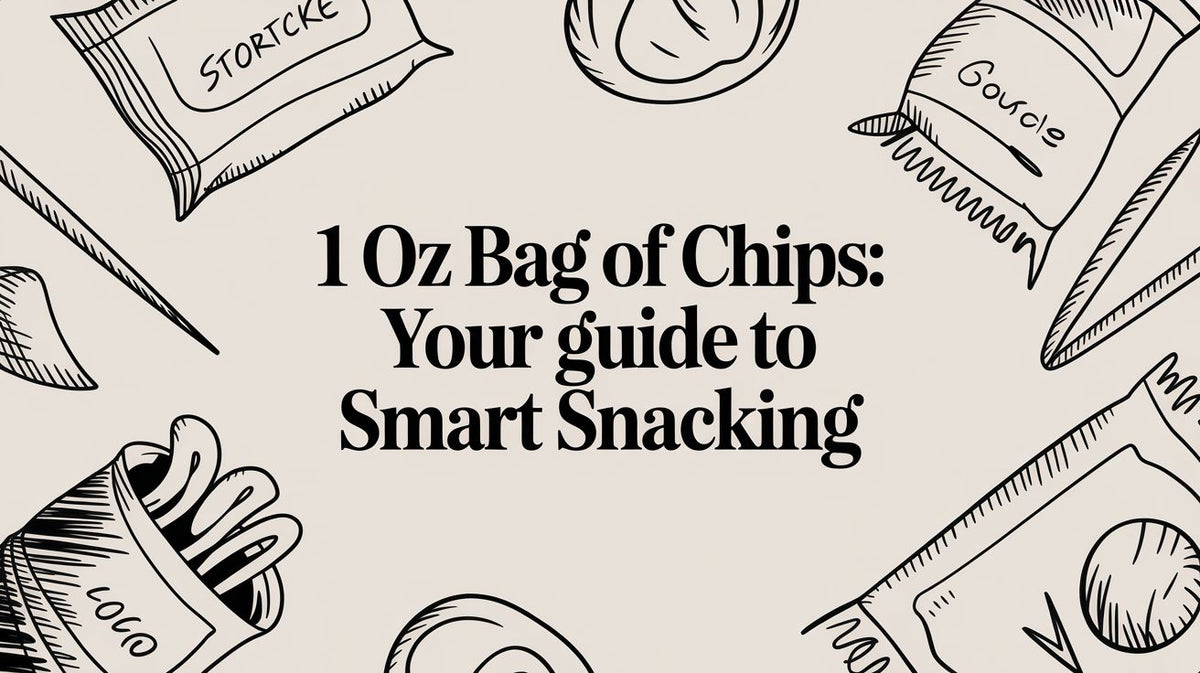 An illustration of bags of chips and snacks in a beige and black doodle style surrounding the title text