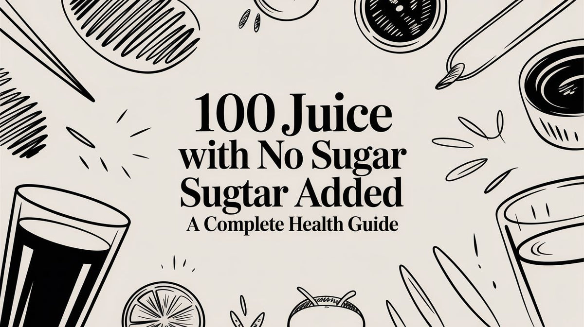 100 Juice with No Sugar Added text on a light background with line art illustrations of juice fruit and utensils