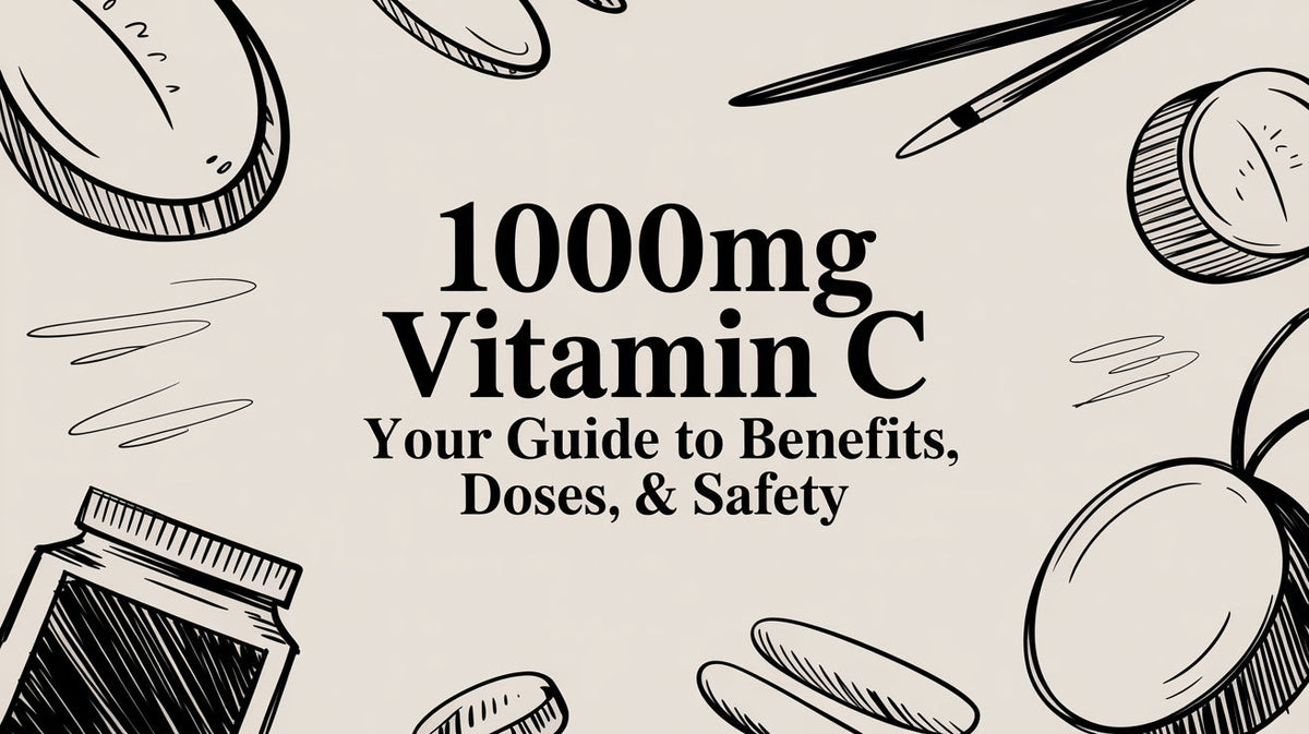 Black and white sketch of various pills a jar and text 1000mg Vitamin C Your Guide to Benefits Doses Safety