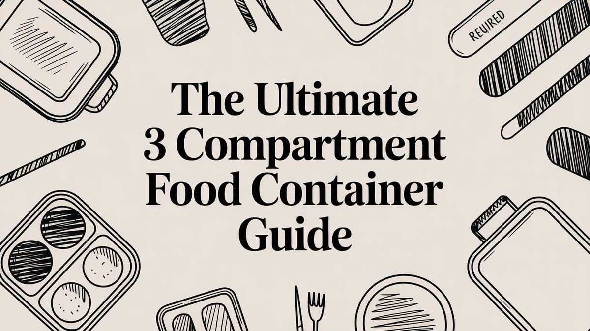 Line drawings of food containers a straw fork and plate surrounding The Ultimate 3 Compartment Food Container Guide text
