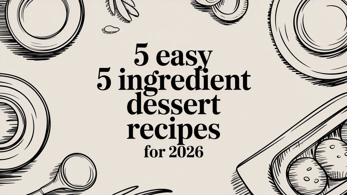 Black text 5 easy 5 ingredient dessert recipes for 2026 on a light background with kitchen utensils