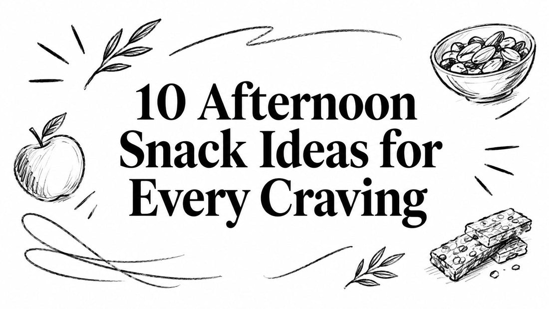 Black and white sketch of 10 Afternoon Snack Ideas for Every Craving with an apple nut bowl and granola bars