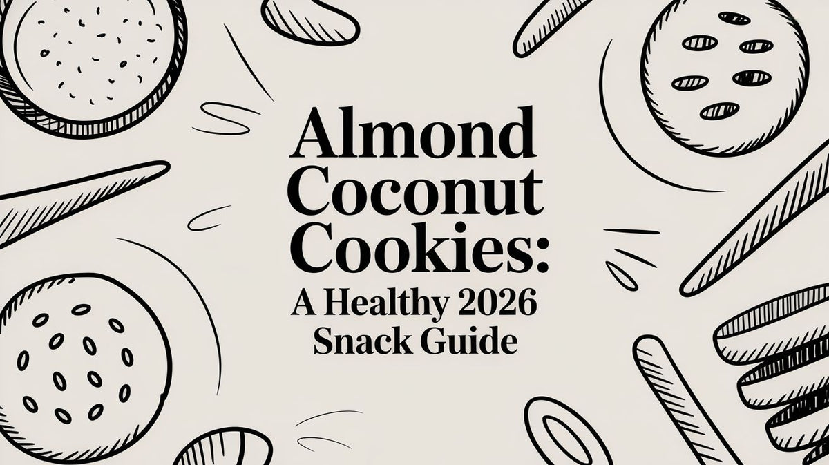 Black and white line art of cookies nuts and chocolate pieces surrounding Almond Coconut Cookies title