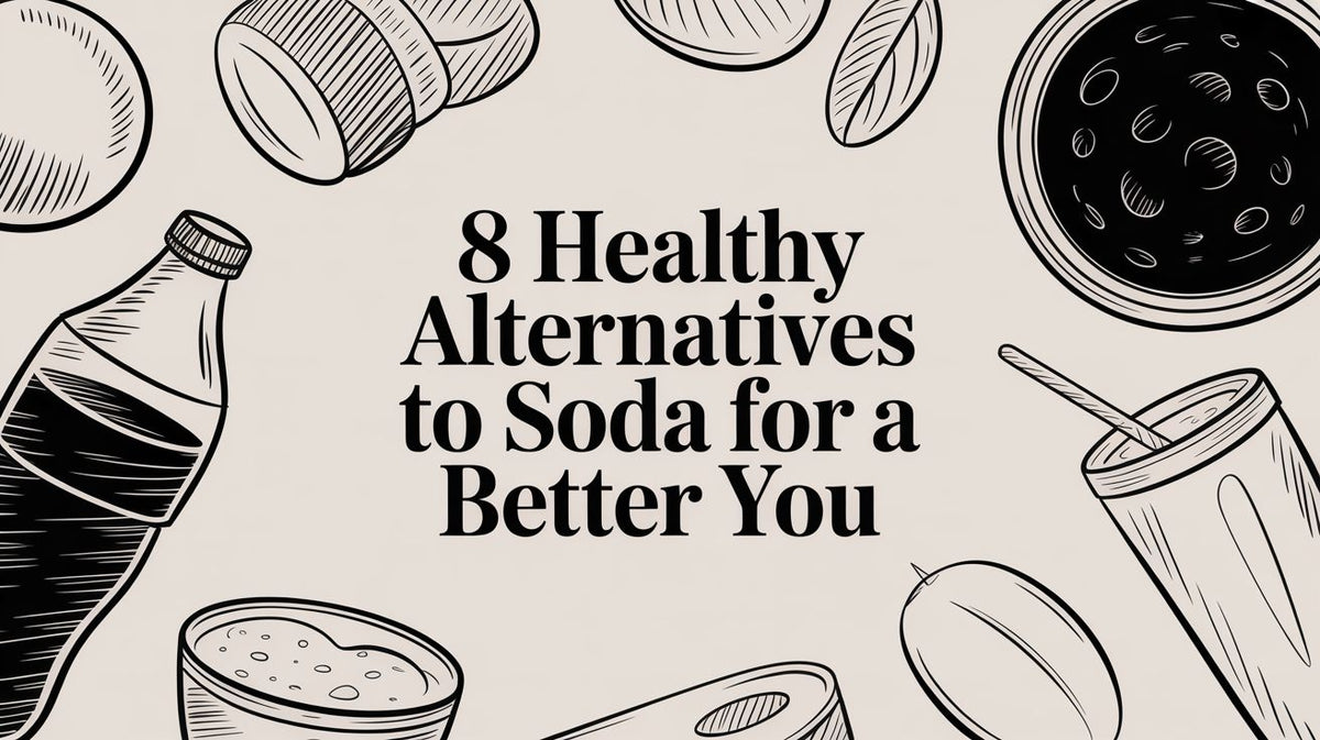 Black and white line art of a soda bottle soda can and other beverages around the title text