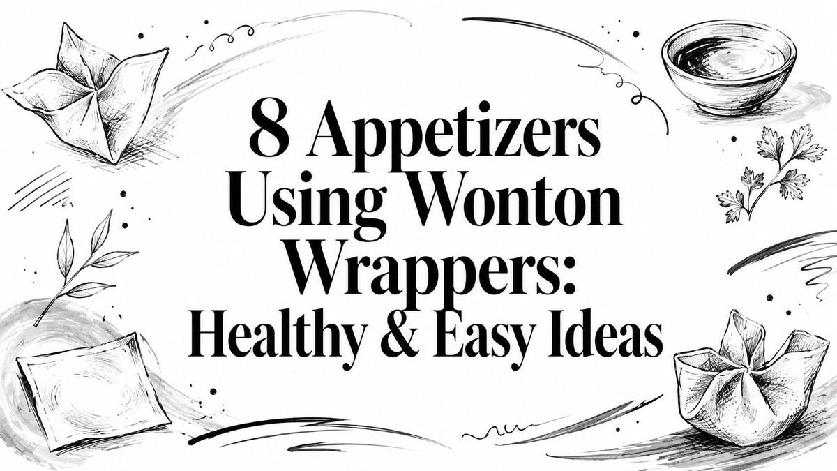 Black and white sketch with 8 Appetizers Using Wonton Wrappers Healthy Easy Ideas text wontons sauce and herbs