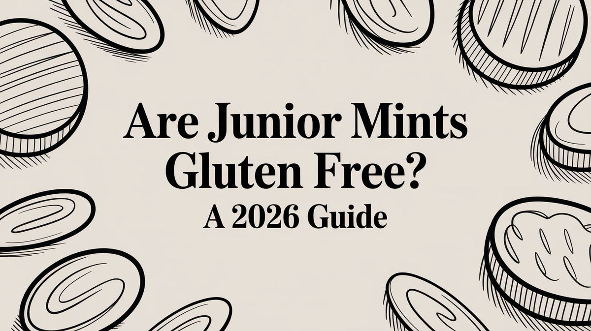 Sketch of Junior Mints candies around the text Are Junior Mints Gluten Free A 2026 Guide on a beige background