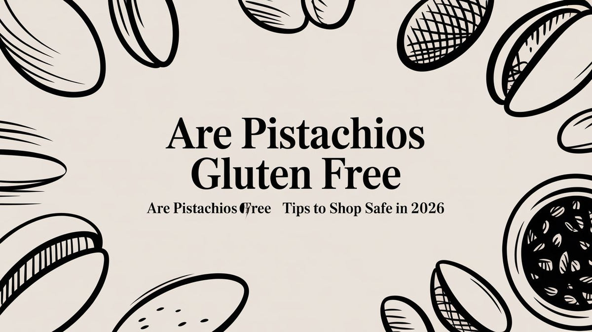 Are Pistachios Gluten Free text with black outline drawings of pistachios on a light beige background