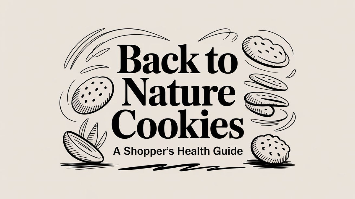 Black text Back to Nature Cookies A Shoppers Health Guide with line drawings of cookies and leaves on a beige background