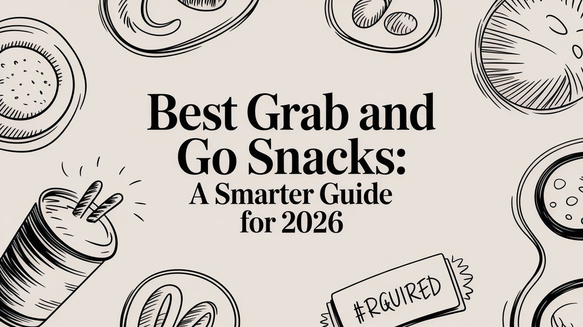 Best Grab and Go Snacks title on a beige background with line art illustrations of various snacks surrounding it