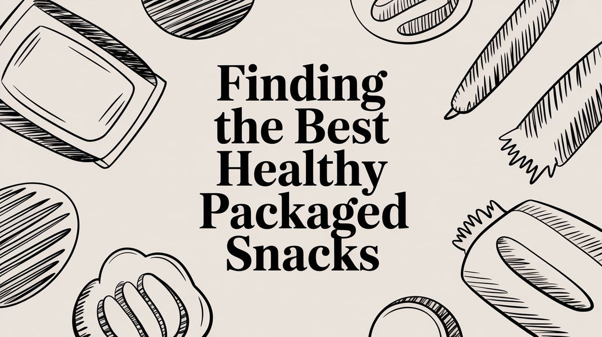 Black line art sketches of various healthy packaged snacks surrounding the title on a light background