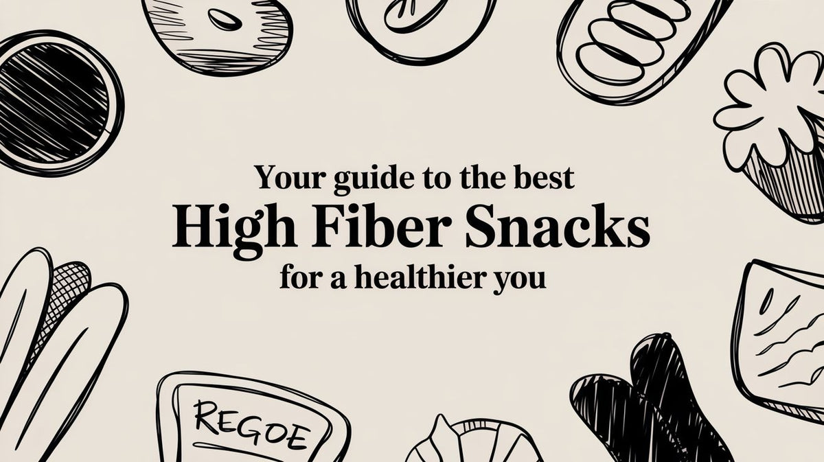 Your guide to the best High Fiber Snacks for a healthier you text on light beige background with food doodles
