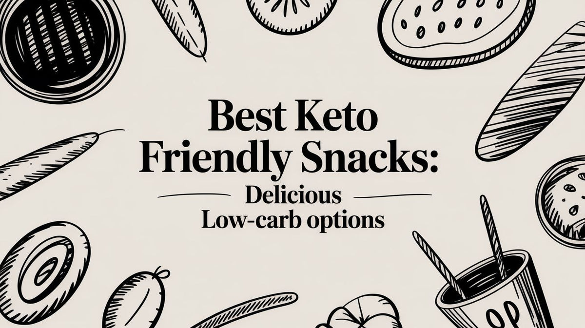 Cream background with black Best Keto Friendly Snacks Delicious Low-carb options text and line art illustrations of