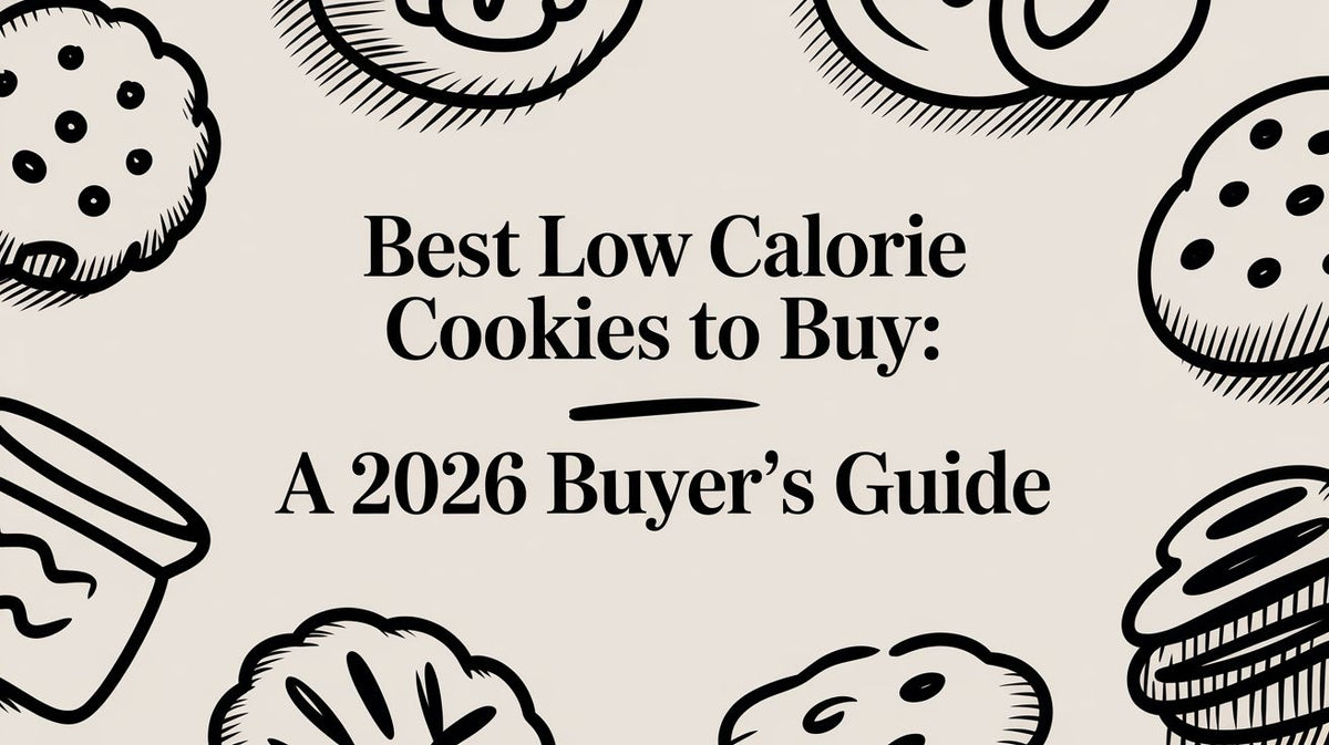 Title Best Low Calorie Cookies to Buy A 2026 Buyers Guide with black line art cookies on a light background