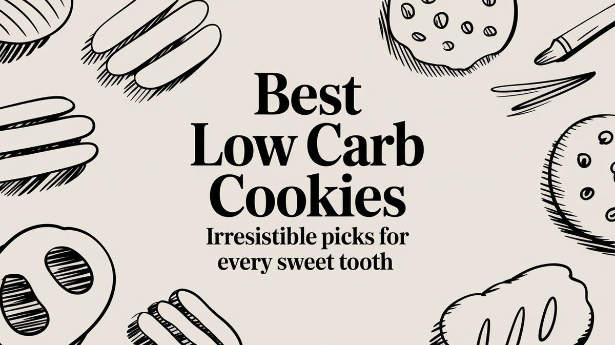 Text on a beige background Best Low Carb Cookies Black line drawings of various cookies are scattered around