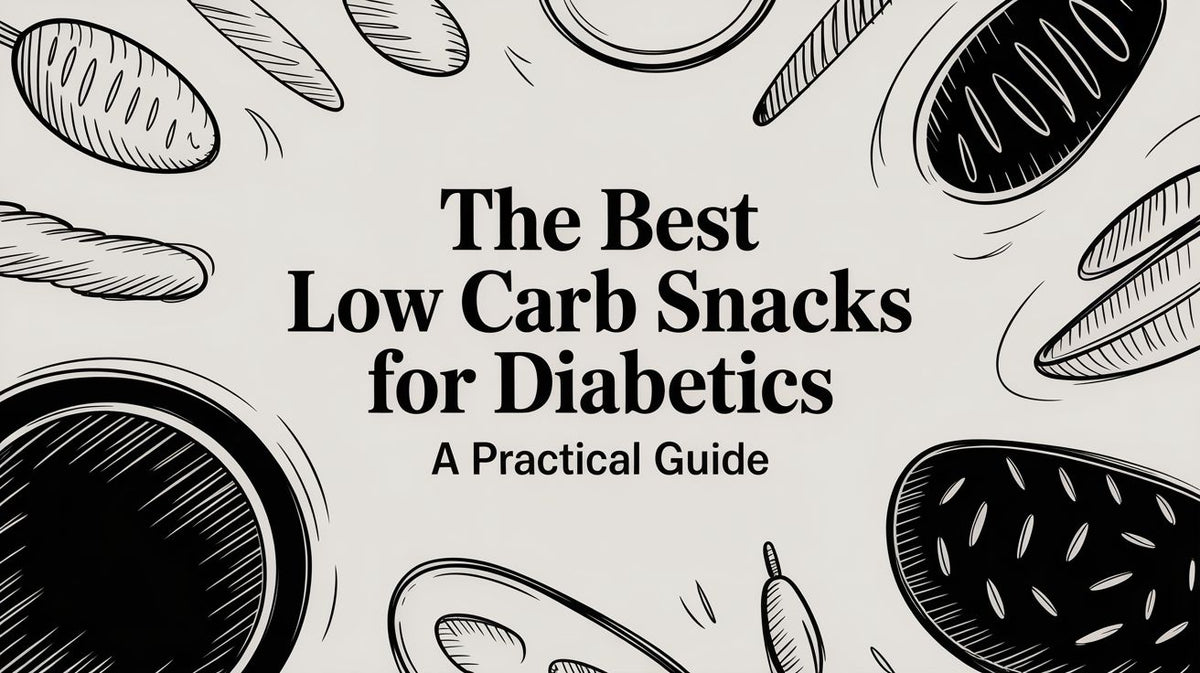 The Best Low Carb Snacks for Diabetics book cover with food illustrations in sketch style around the title