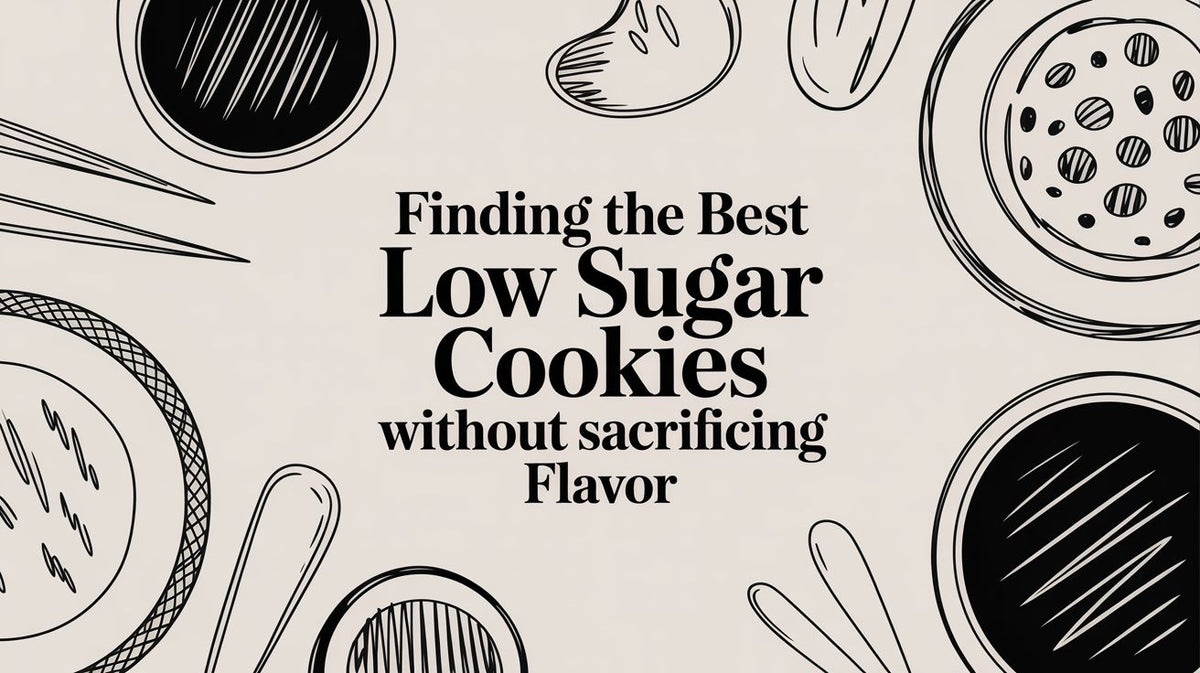 Sketch of baking ingredients and utensils surrounding text Finding the Best Low Sugar Cookies without sacrificing Flavor
