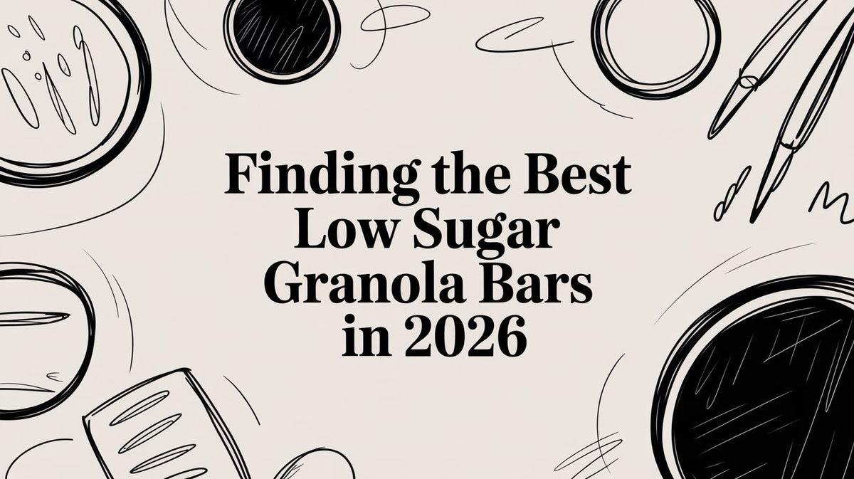 Title text Finding the Best Low Sugar Granola Bars in 2026 on a beige background with black line drawings