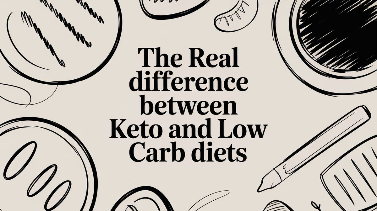 Black text on light background about Keto vs Low Carb with illustrations of coffee food and a pen