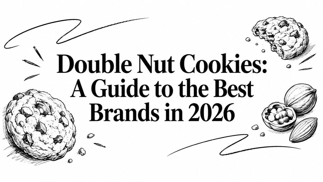 Black and white drawing of two double nut cookies and various nuts with text Double Nut Cookies A Guide to the Best