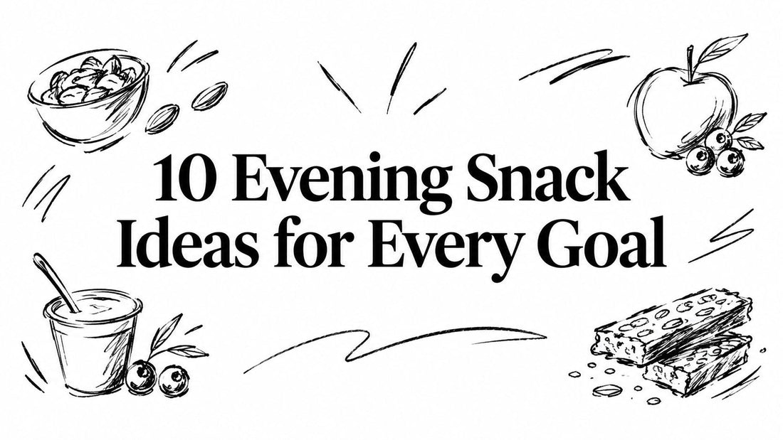 Black and white line art with 10 Evening Snack Ideas for Every Goal surrounded by snacks