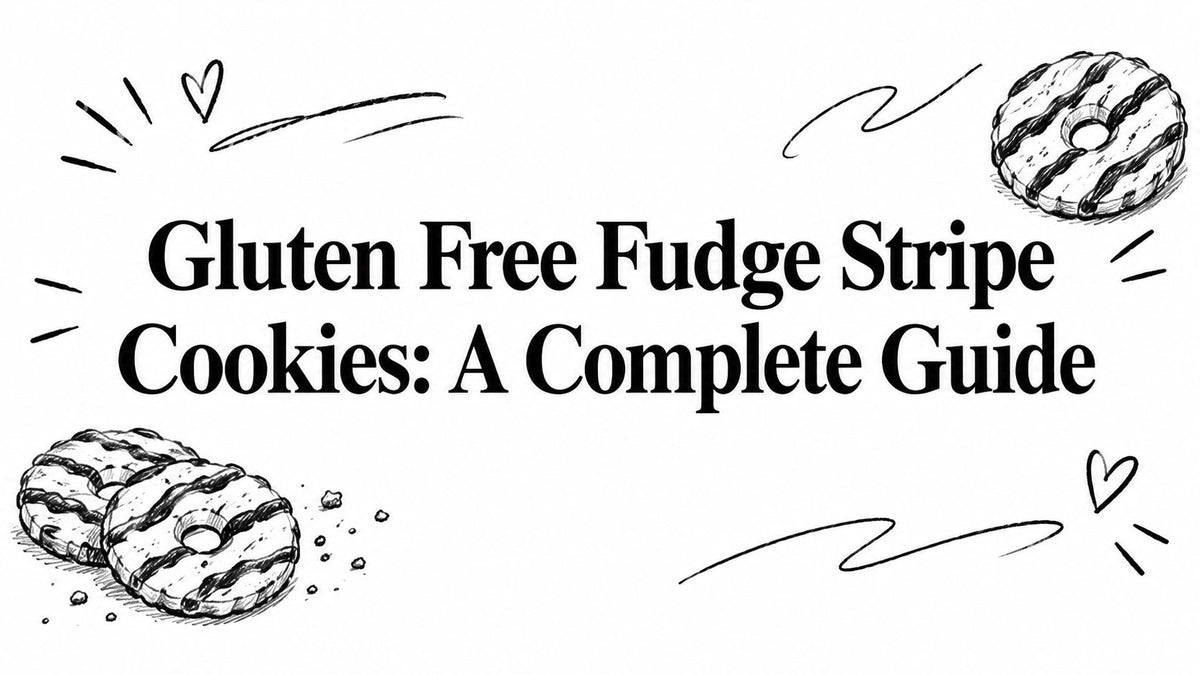 Black and white illustration of two gluten-free fudge stripe cookies with crumbs at the bottom left and one at the top