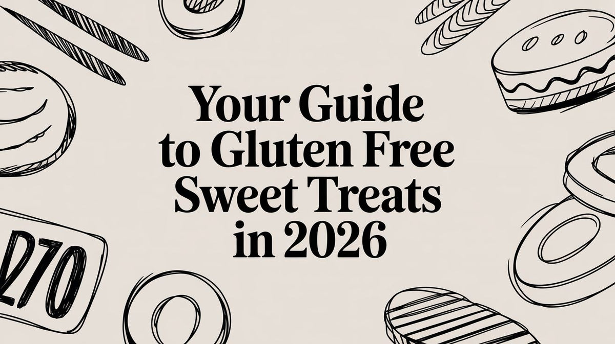 Pale beige background with Your Guide to Gluten Free Sweet Treats in 2026 and black outlined dessert sketches