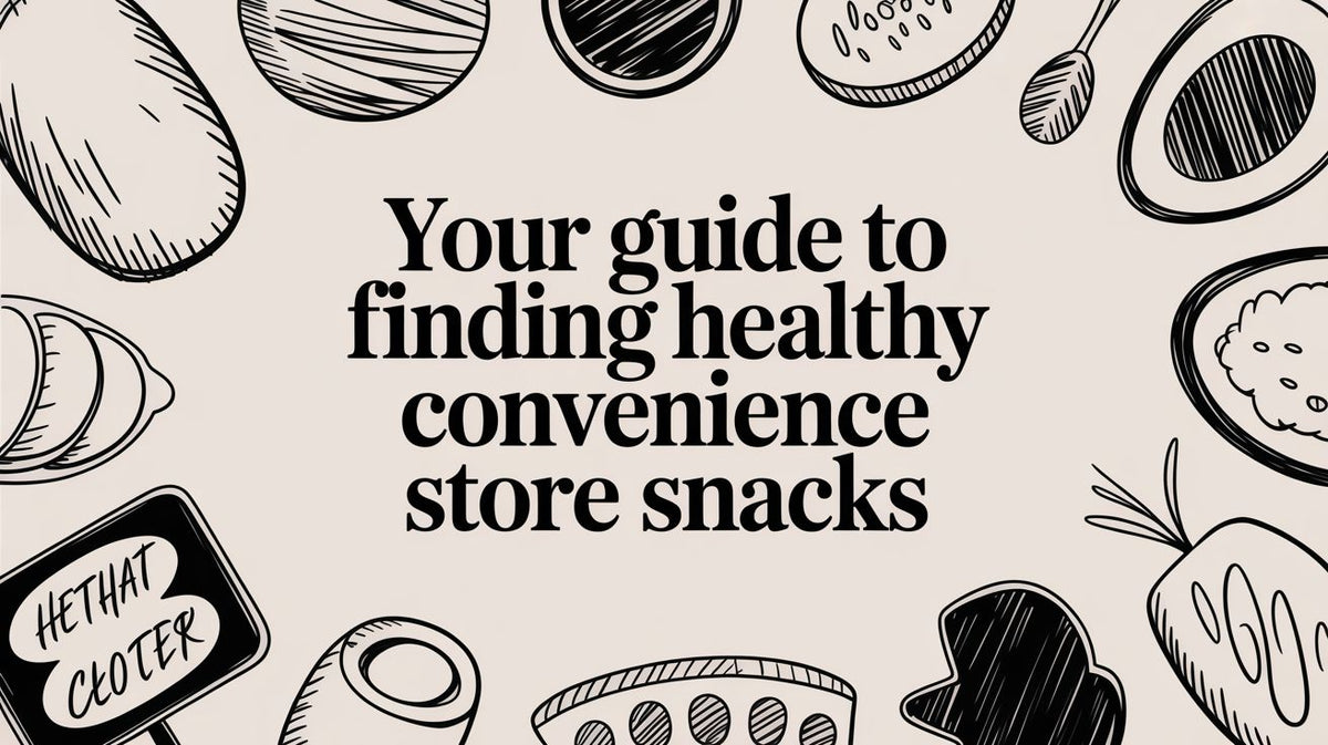 An illustration with line drawings of various foods surrounding text on a light background