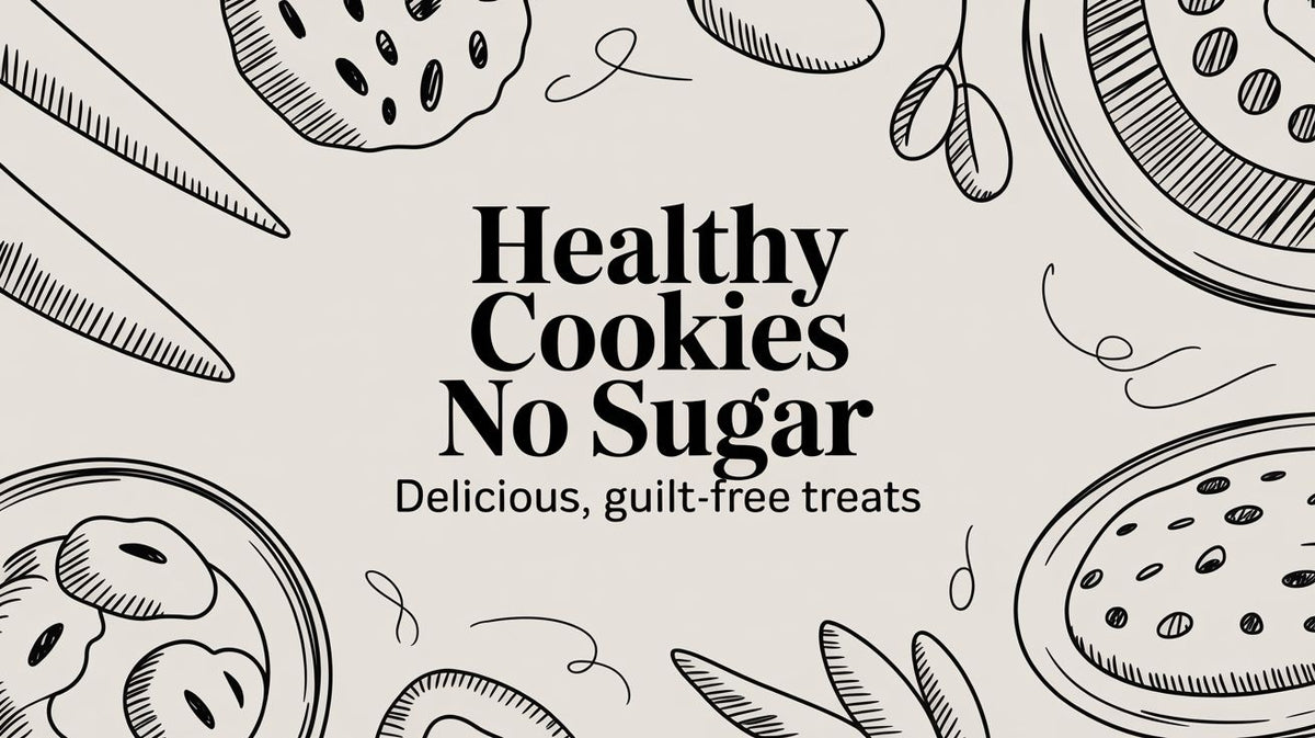 Healthy Cookies No Sugar in bold text on a light background surrounded by hand-drawn cookie and fruit illustrations