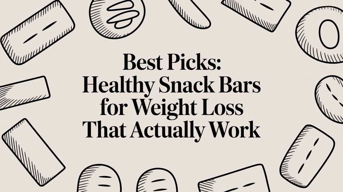 Stylized graphic with various hand-drawn snack bar shapes framing text Best Picks Healthy Snack Bars for Weight Loss