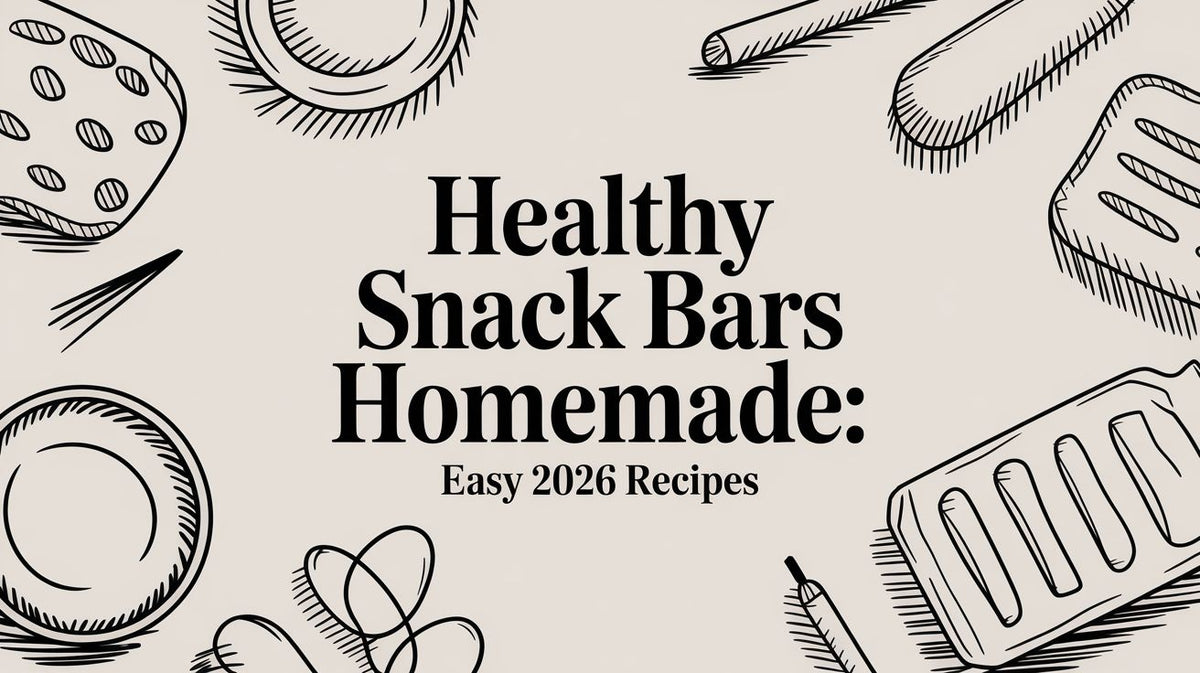 Healthy Snack Bars Homemade Easy 2026 Recipes with kitchen utensil drawings on a light beige background