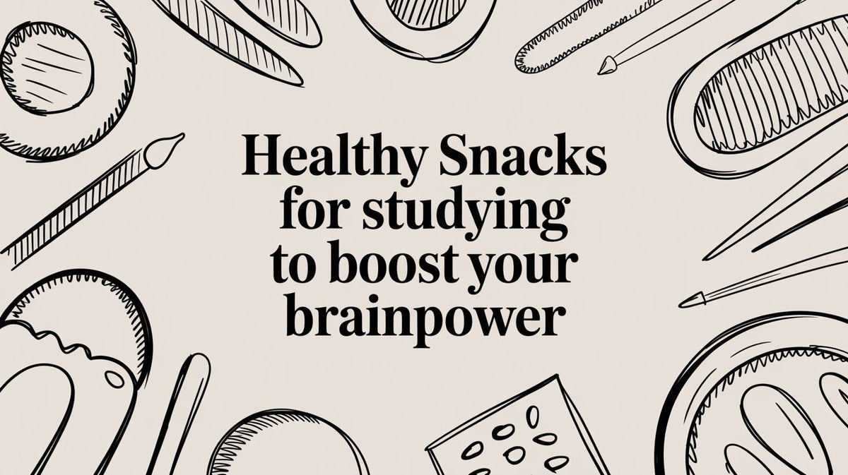 Title slide Healthy Snacks for studying to boost your brainpower with doodle-style food icons