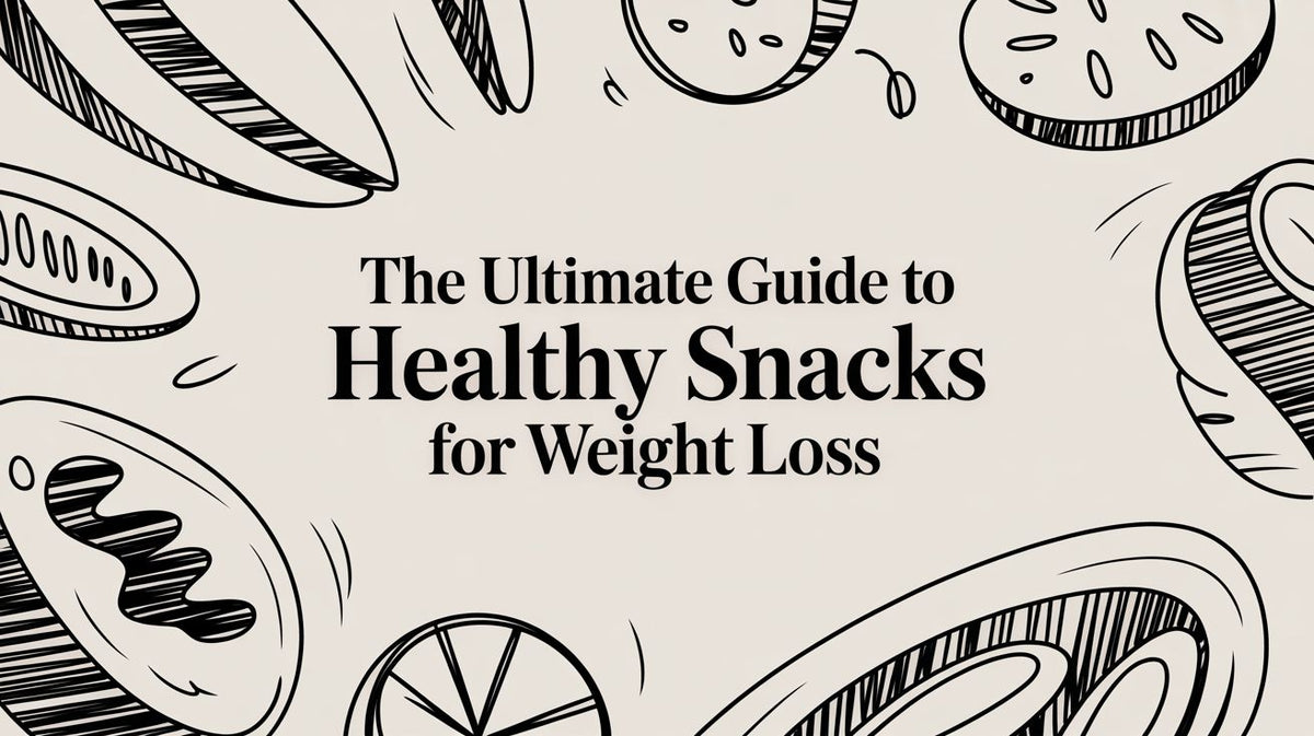 The Ultimate Guide to Healthy Snacks for Weight Loss with fruit and vegetable line art on a light background
