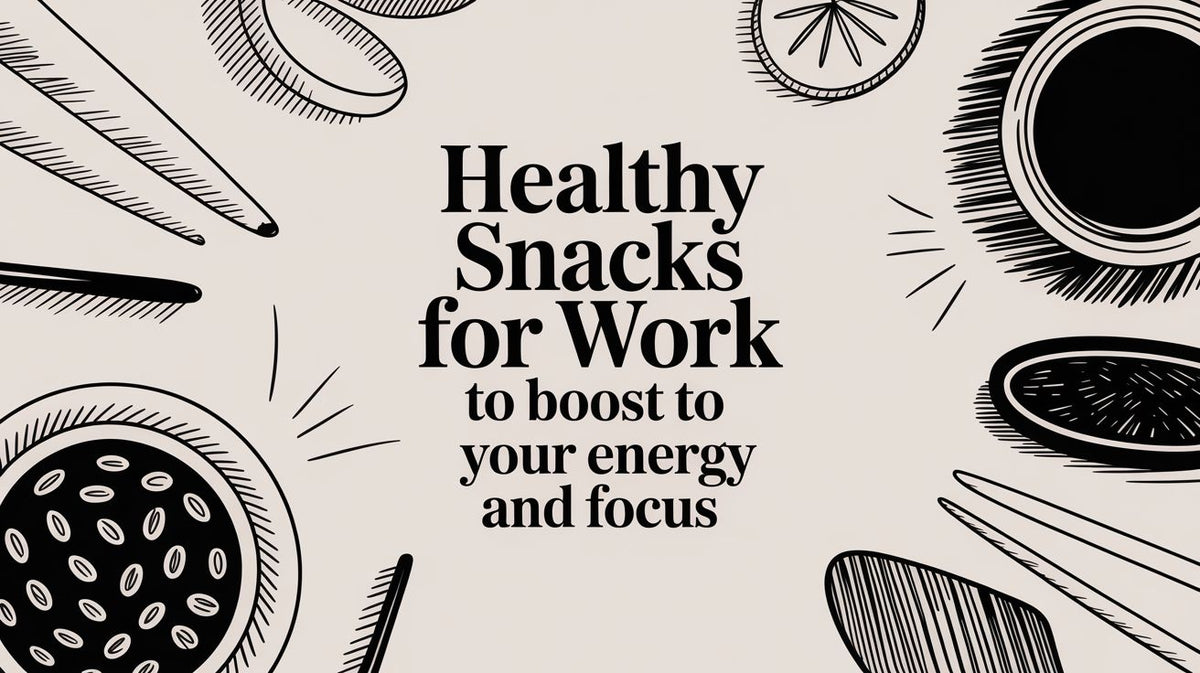 Black and white line art of snack foods surrounding Healthy Snacks for Work text on a beige background