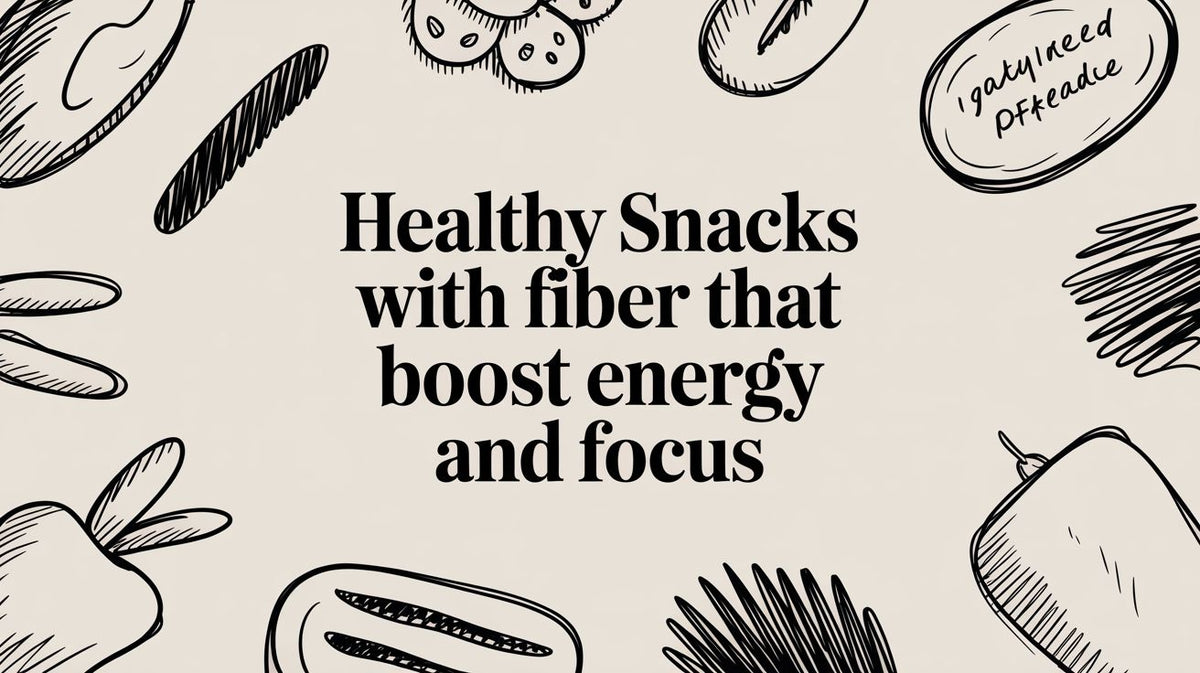 Beige background with black text Healthy Snacks with fiber that boost energy and focus surrounded by food doodles