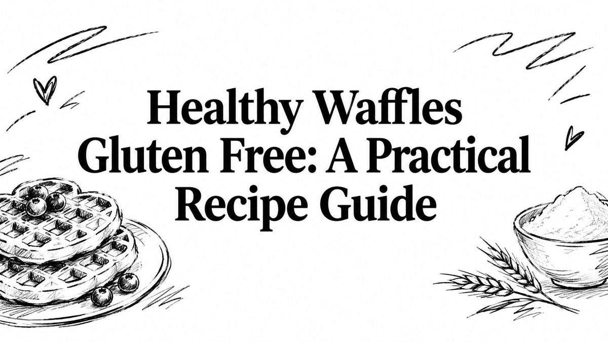 Black and white sketch of two heart-shaped waffles with blueberries a bowl of flour and text