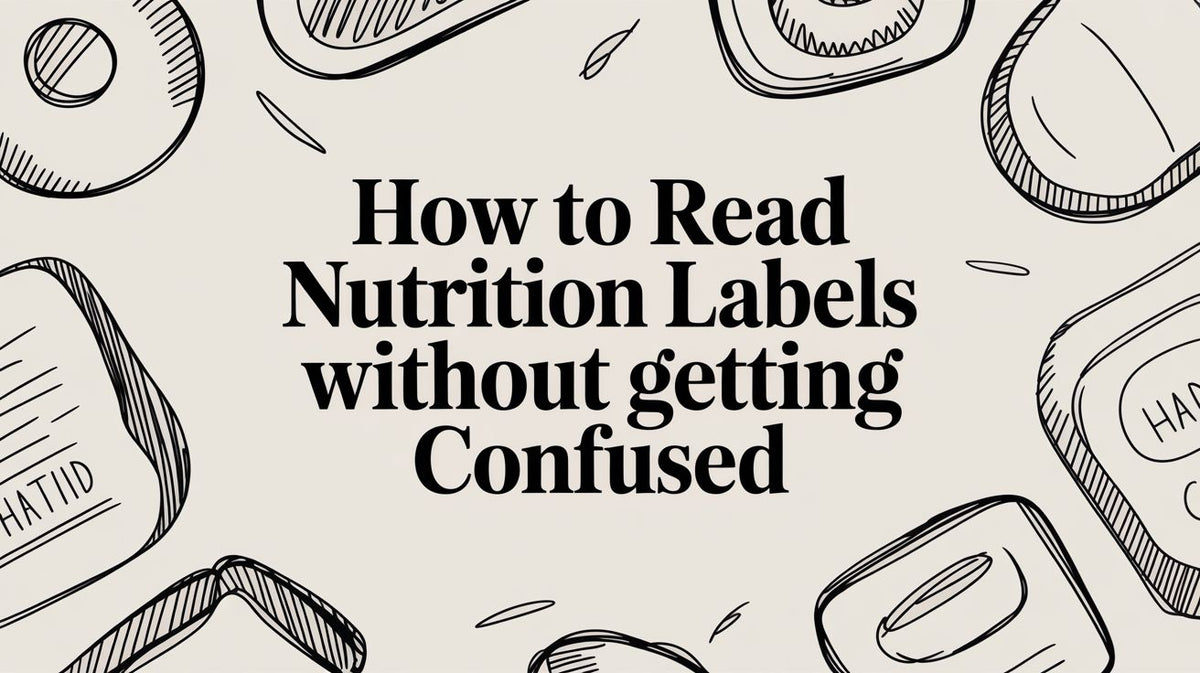 Title text How to Read Nutrition Labels without getting Confused on a light background with line-art food items