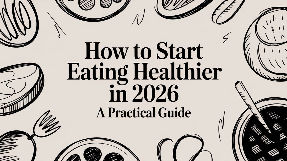 How to Start Eating Healthier in 2026 title with black line drawings of food and utensils on a light background