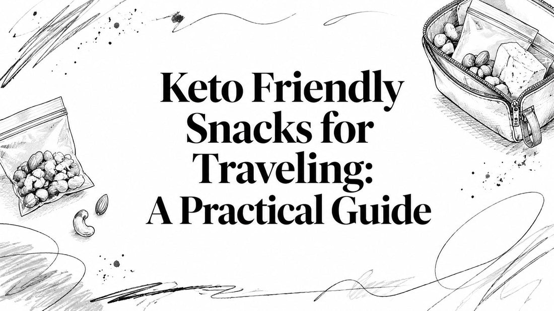 Black and white illustration of keto-friendly snacks including nuts in bags cheese and a small cooler