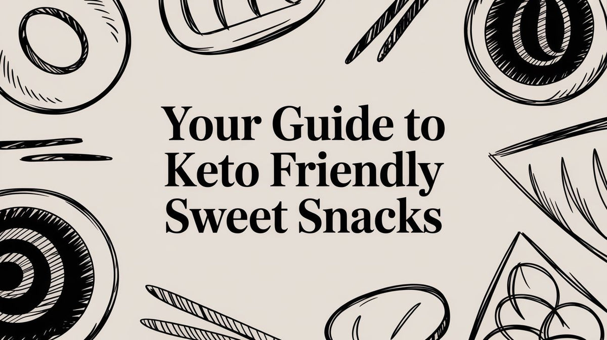 Your Guide to Keto Friendly Sweet Snacks in black text on a light background with snack sketches