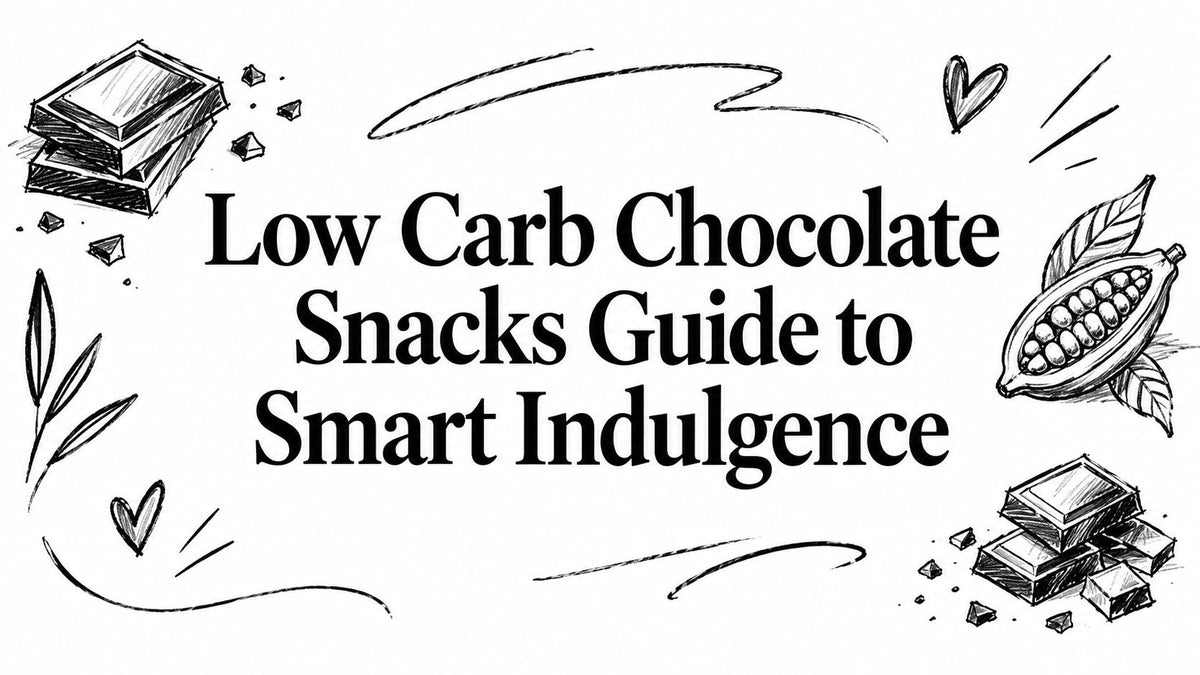 Black and white illustration of chocolate bars cocoa pod leaves hearts and text Low Carb Chocolate Snacks Guide