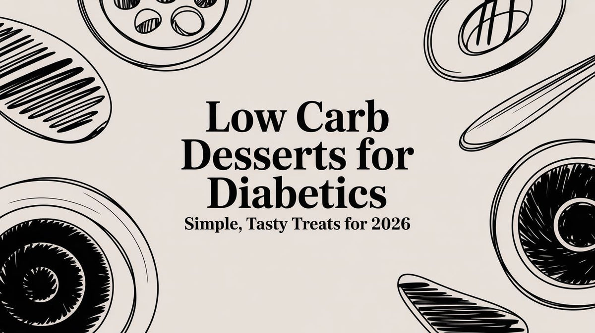 White background with black outline drawings of various dessert plates and a spoon Text Low Carb Desserts for Diabetics