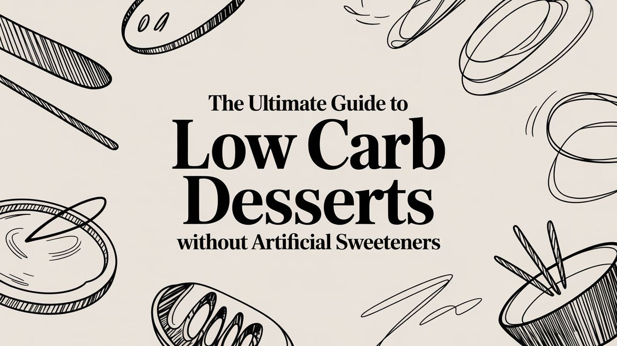 Pale beige cookbook cover with black title text The Ultimate Guide to Low Carb Desserts without Artificial Sweeteners