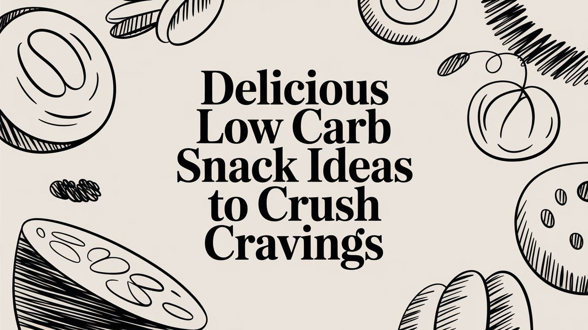 Black text on a light background surrounded by hand-drawn illustrations of various low-carb snacks