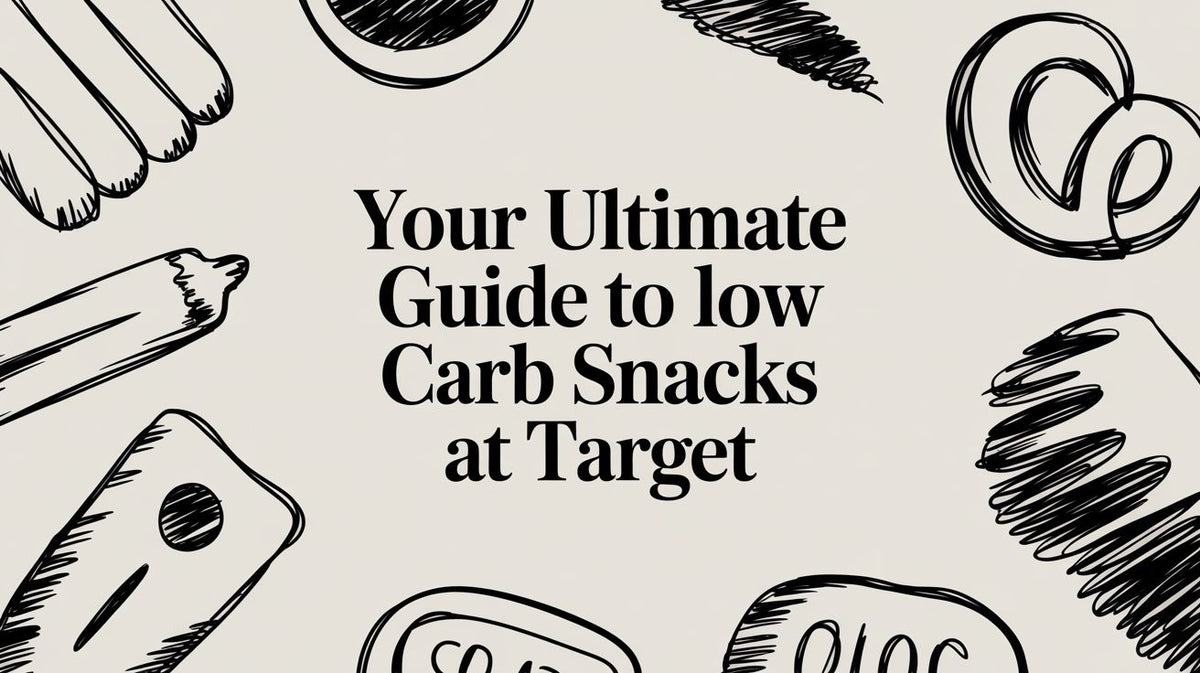 Text Your Ultimate Guide to Low Carb Snacks at Target with hand-drawn snack icons on a beige background