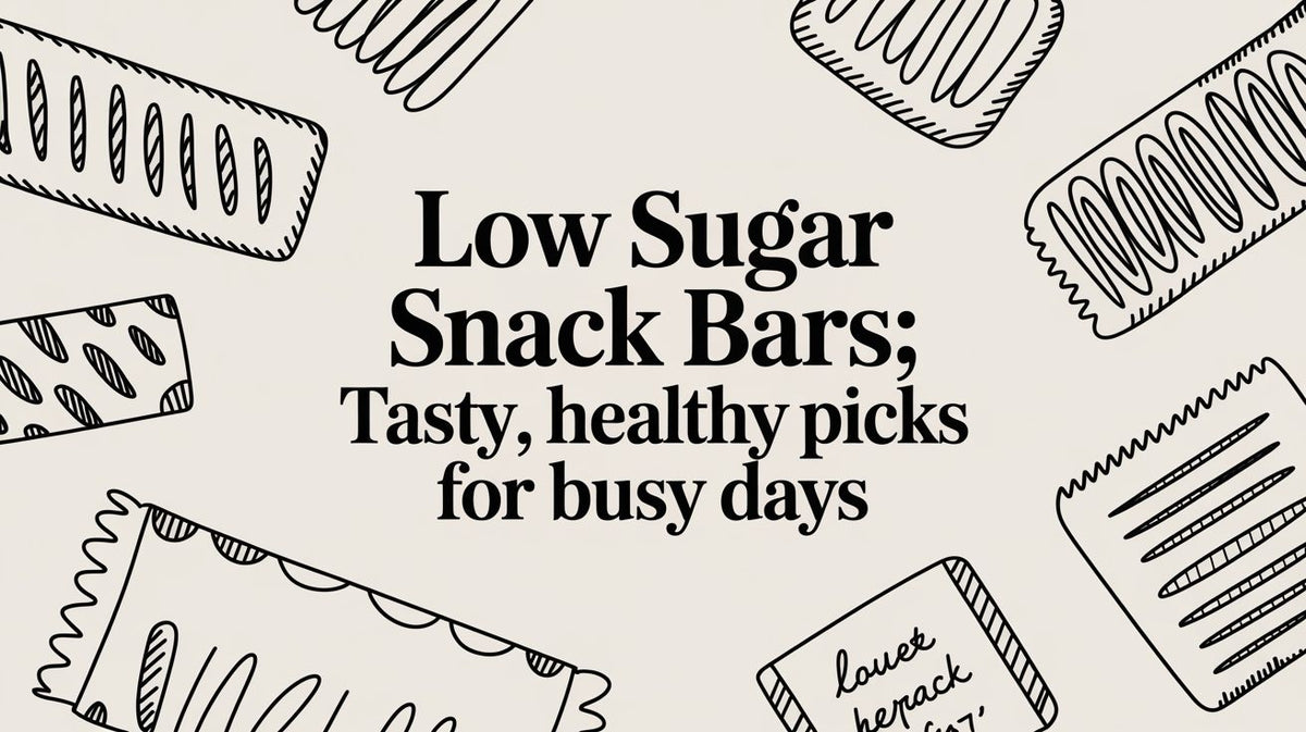 Low Sugar Snack Bars Tasty healthy picks for busy days text surrounded by abstract snack bar doodles on a light