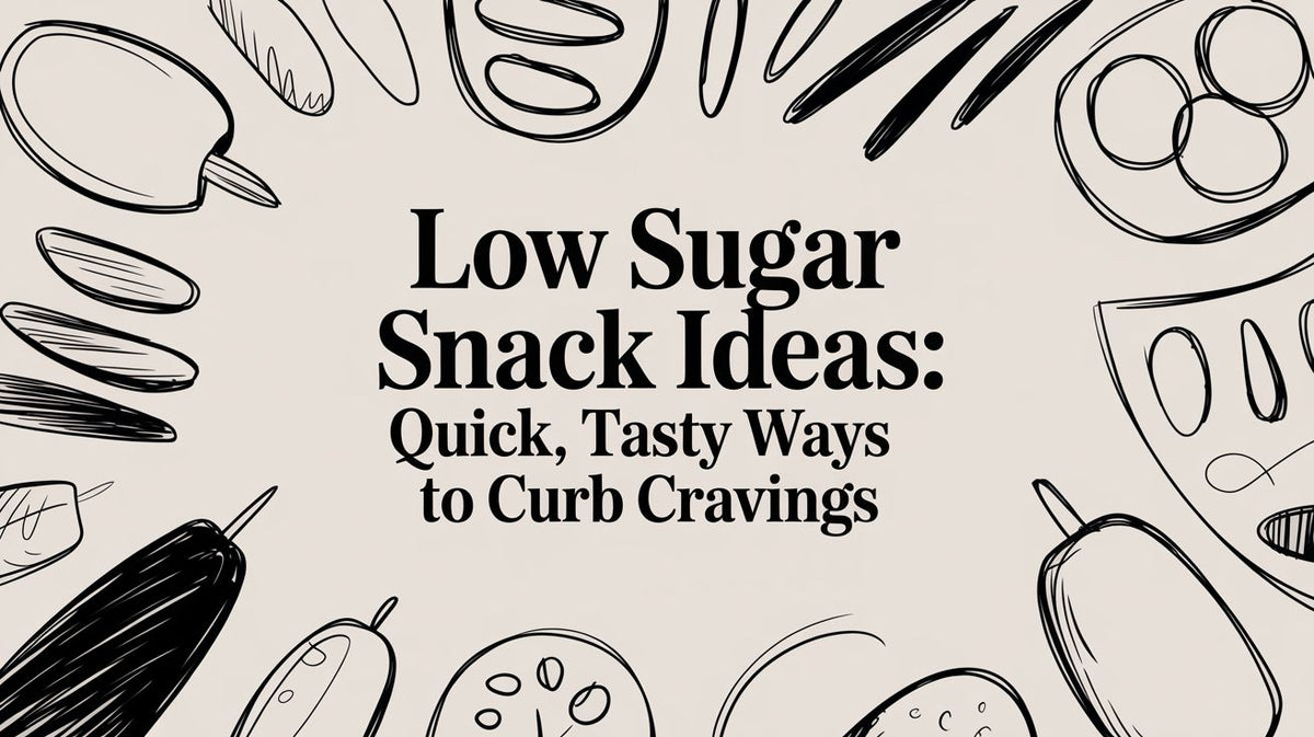 Low Sugar Snack Ideas text on a beige background framed by various hand-drawn snack outlines
