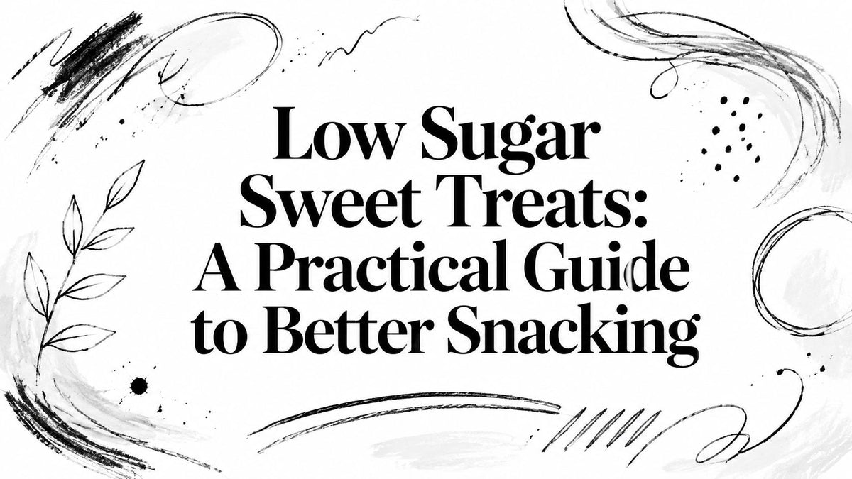 Low Sugar Sweet Treats A Practical Guide to Better Snacking text on a white background with black scribbles