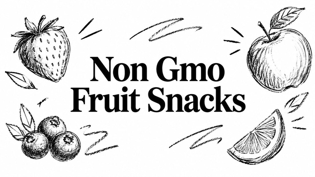 Black and white sketch of a strawberry blueberries an apple and an orange slice with Non Gmo Fruit Snacks