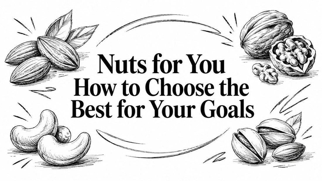Black and white illustration of various nuts almonds cashews walnuts and pistachios
